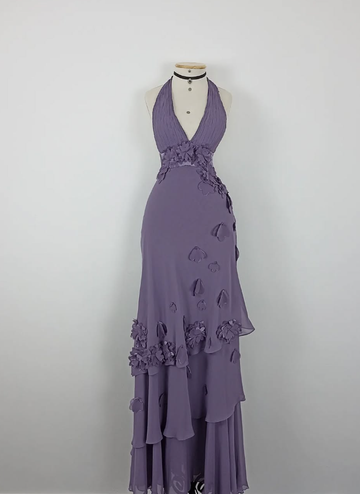 Retro A Line Halter Flower Purple Chiffon Open Back Evening Dress Party Dress HZ1023